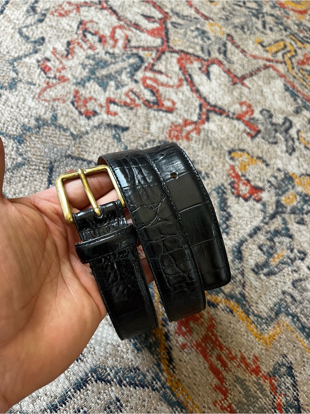 Men's Black Croc-Embossed Leather Belt with Gold Buckle UNBRANDED